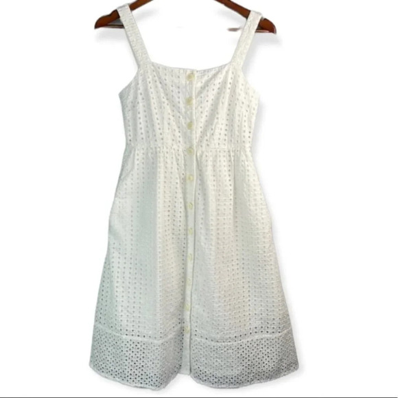 J. CREW Eyelet Midi Dress White Button-Front Cotton Lined Coquette Preppy 0P - Picture 2 of 12